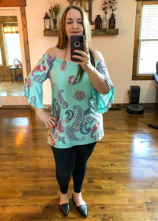 Mint Paisley Off The Shoulder Top - Infinity Lace Boutique