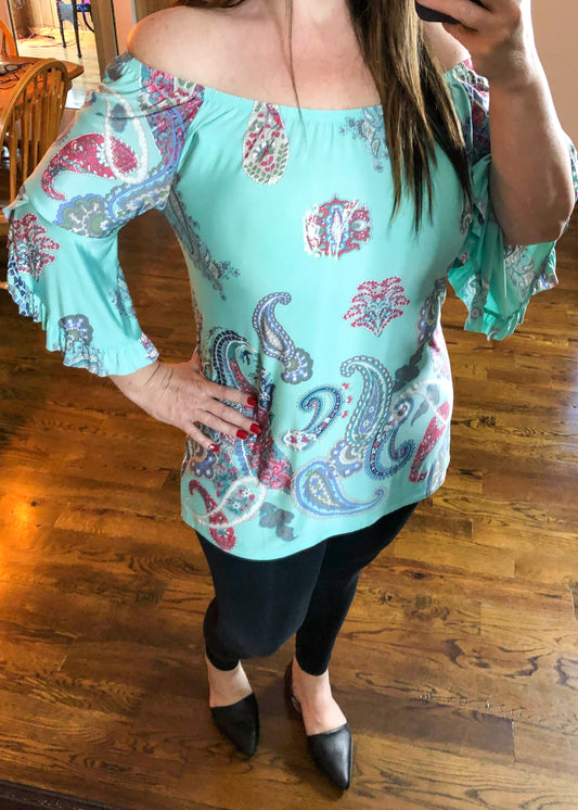 Mint Paisley Off The Shoulder Top - Infinity Lace Boutique