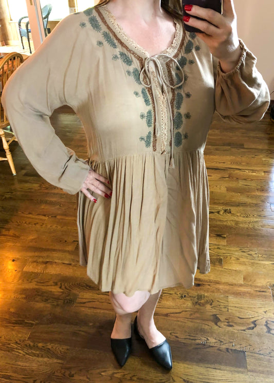 Tan Babydoll Dress with Floral Embroidered Detail - Infinity Lace Boutique