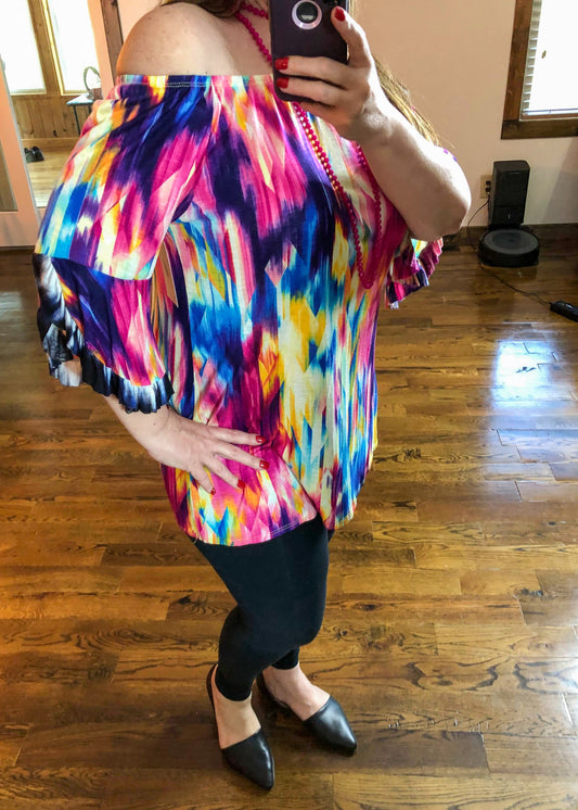 Tie Dye Off The Shoulder Top with Bell Sleeves - Infinity Lace Boutique
