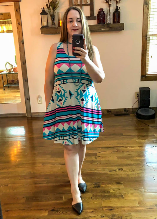 Aqua Blue Aztec Print Dress with Pockets - Infinity Lace Boutique