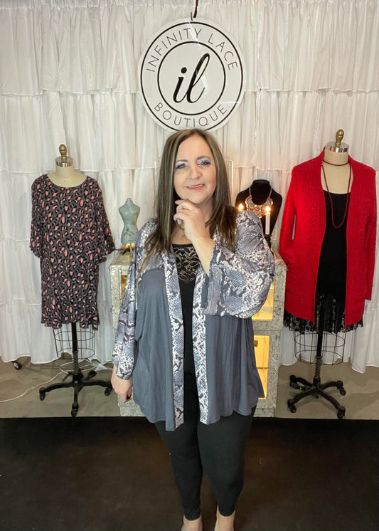 Grey Long Sleeve Cardigan with Snake Print