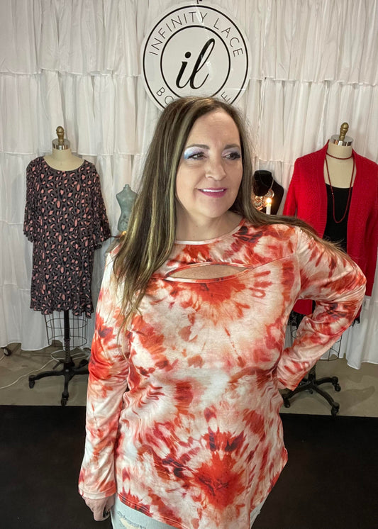 Red Tie Dye Cut Out Neckline Top