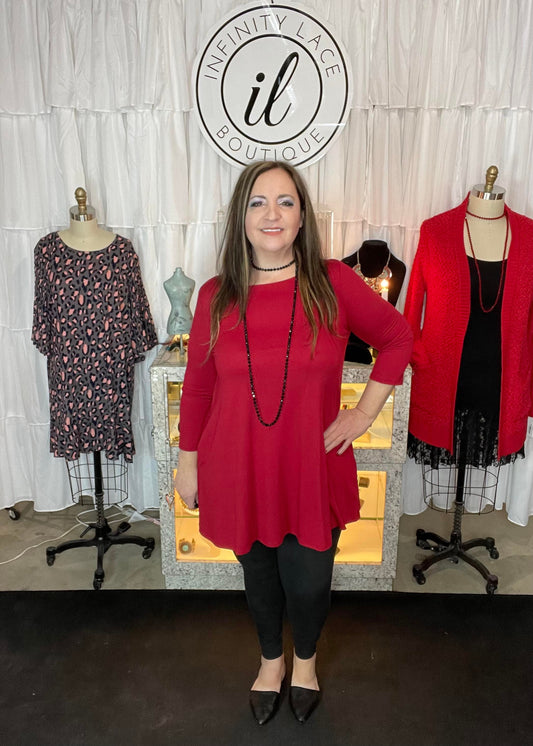 Dark Red 3/4 Sleeve Boat Neck Top with Pockets