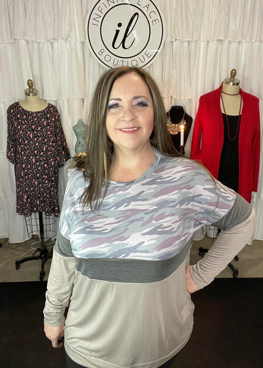 Grey Camouflaged Color Block Top