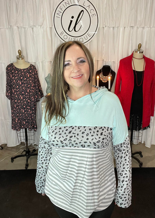 Tiffany Blue and Leopard Long Sleeve Striped Hoodie Top