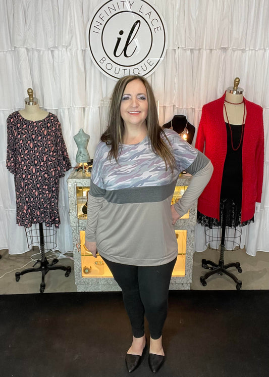 Grey Camouflaged Color Block Top