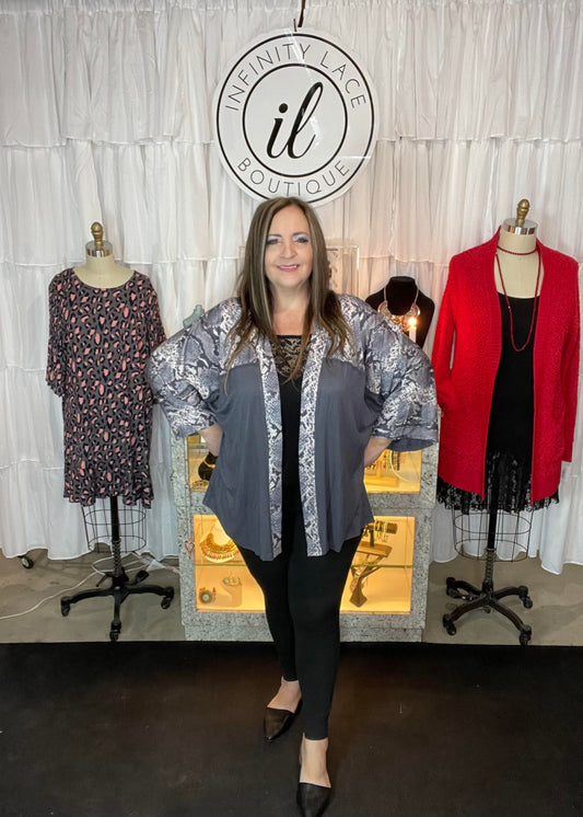 Grey Long Sleeve Cardigan with Snake Print