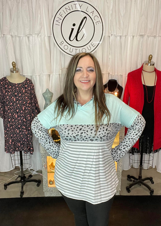Tiffany Blue and Leopard Long Sleeve Striped Hoodie Top