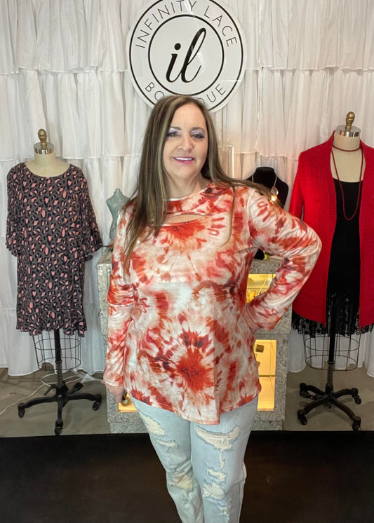 Red Tie Dye Cut Out Neckline Top
