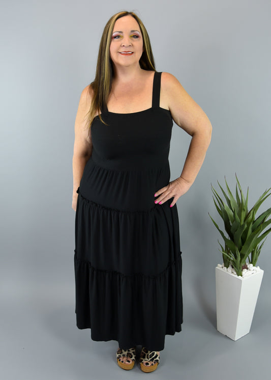 Black Smocked Bodice Tiered Skirt Maxi Dress