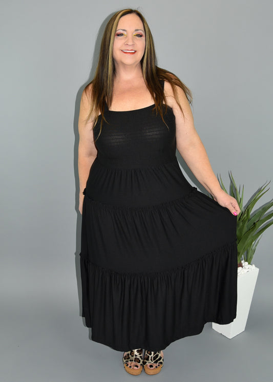 Black Smocked Bodice Tiered Skirt Maxi Dress