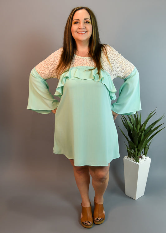 Mint Sheer Lace Dress with Ruffled Yoke