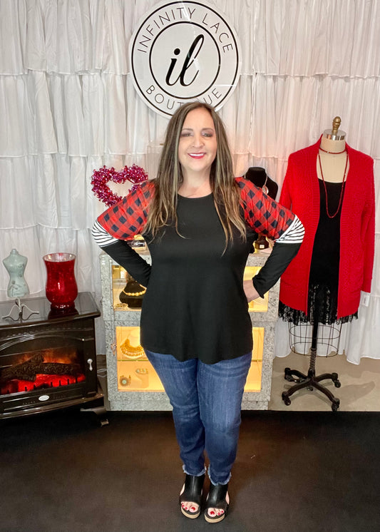 Black Top with Buffalo Plaid and Striped Color Block Sleeves
