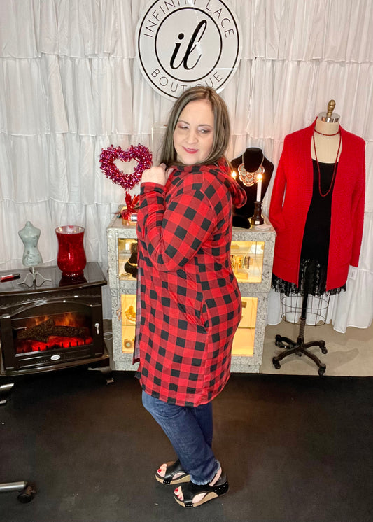 Buffalo plaid long body cardigan w/hoodie