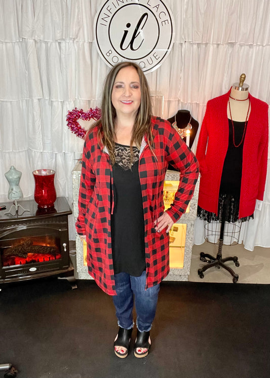 Buffalo plaid long body cardigan w/hoodie
