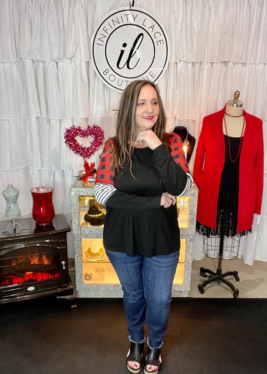 Black Top with Buffalo Plaid and Striped Color Block Sleeves